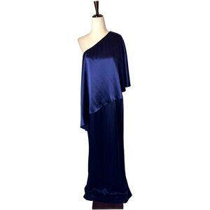 Zac Posen Gown Women 12 Navy Blue Satin One Shoulder Flowy Maxi Formal Luxury